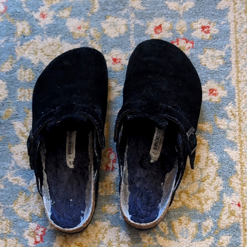 Birkenstock Boston Shearling  Black Suede Clogs